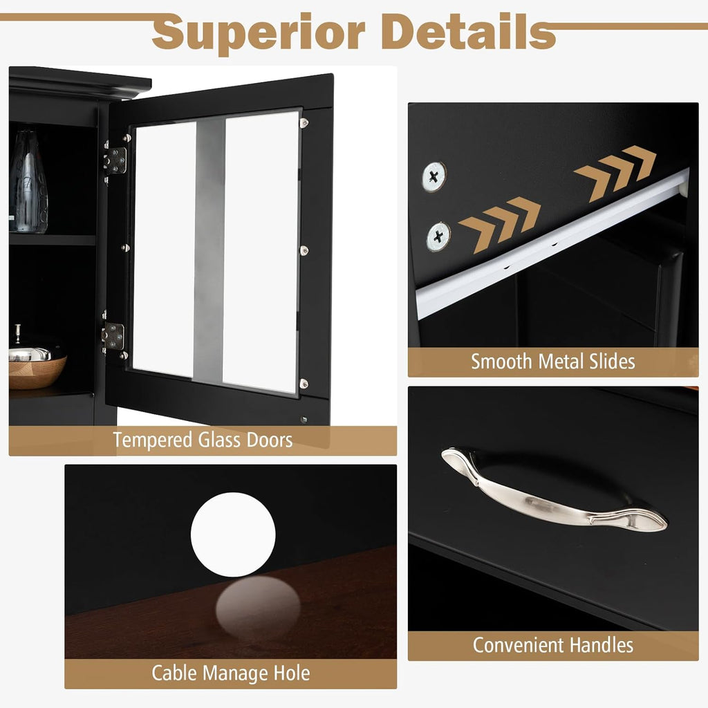 72.5” Buffet with Hutch, Freestanding Pantry Storage Cabinet with Drawers, Adjustable Shelves, Wine Grids, Microwave Countertop, Kitchen Cupboard for Dining Room, Living Room (Black)