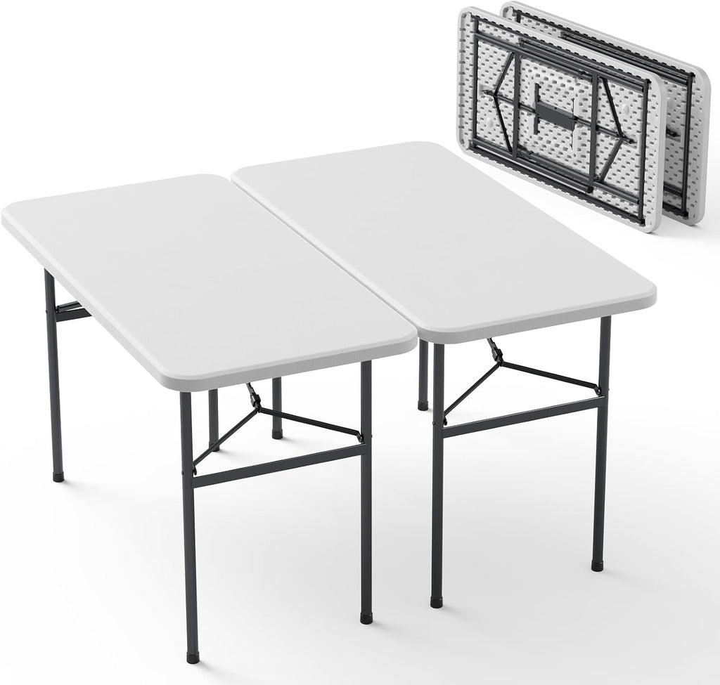 Folding Table, 2 Pack 4ft Folding Table with Foldable Steel Legs, Heavy Duty Plastic Foldable Table, Metal Frame, Support up to 400 lb, Portable for Banquet, Craft, Party, Indoor & Outdoor Use, White