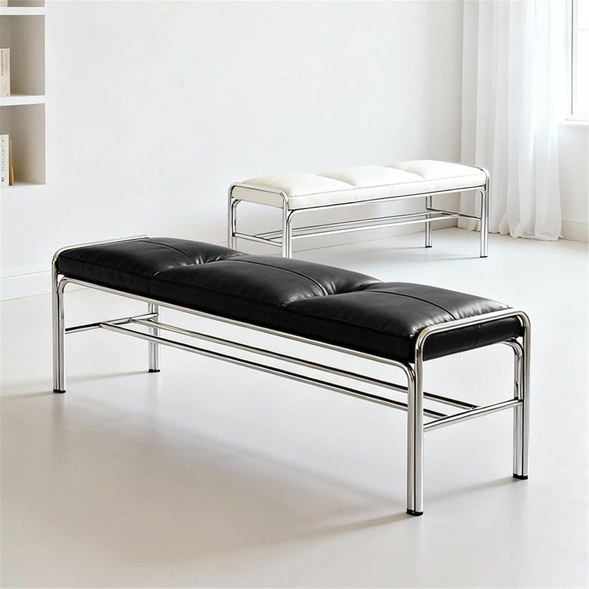 Modern Stainless Steel Long Bench with White Leather Cushion Home-use Soft-Padded Shoe Changing Stool Entryway(Medium)