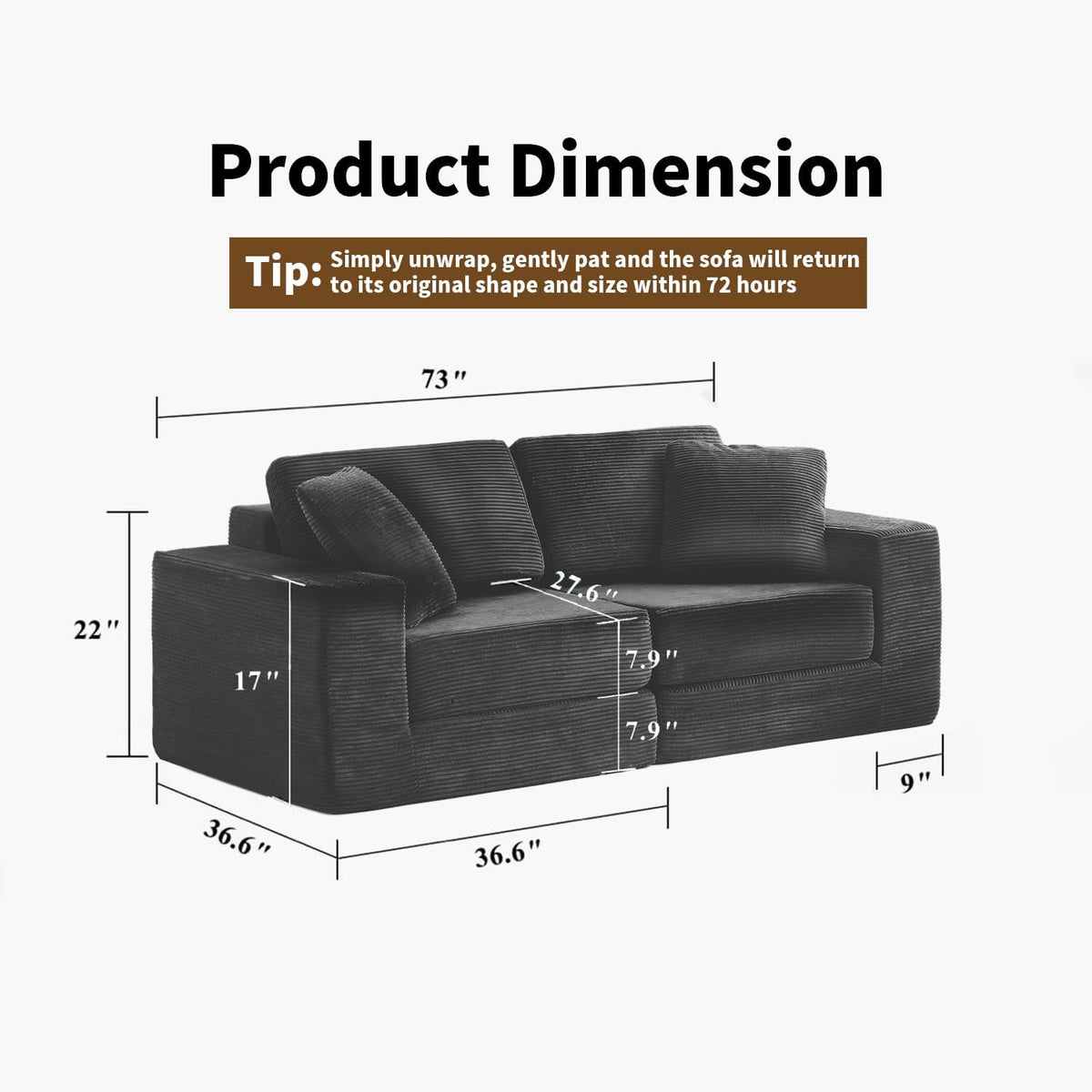 FILUXE Modular Sectional Sofa, Modern Modular Sofa Couch with Deep Seat，Comfy Cloud Couch, Sectional Couches for Living Room, Bedroom and Apartment，2-Seater，Dark Grey