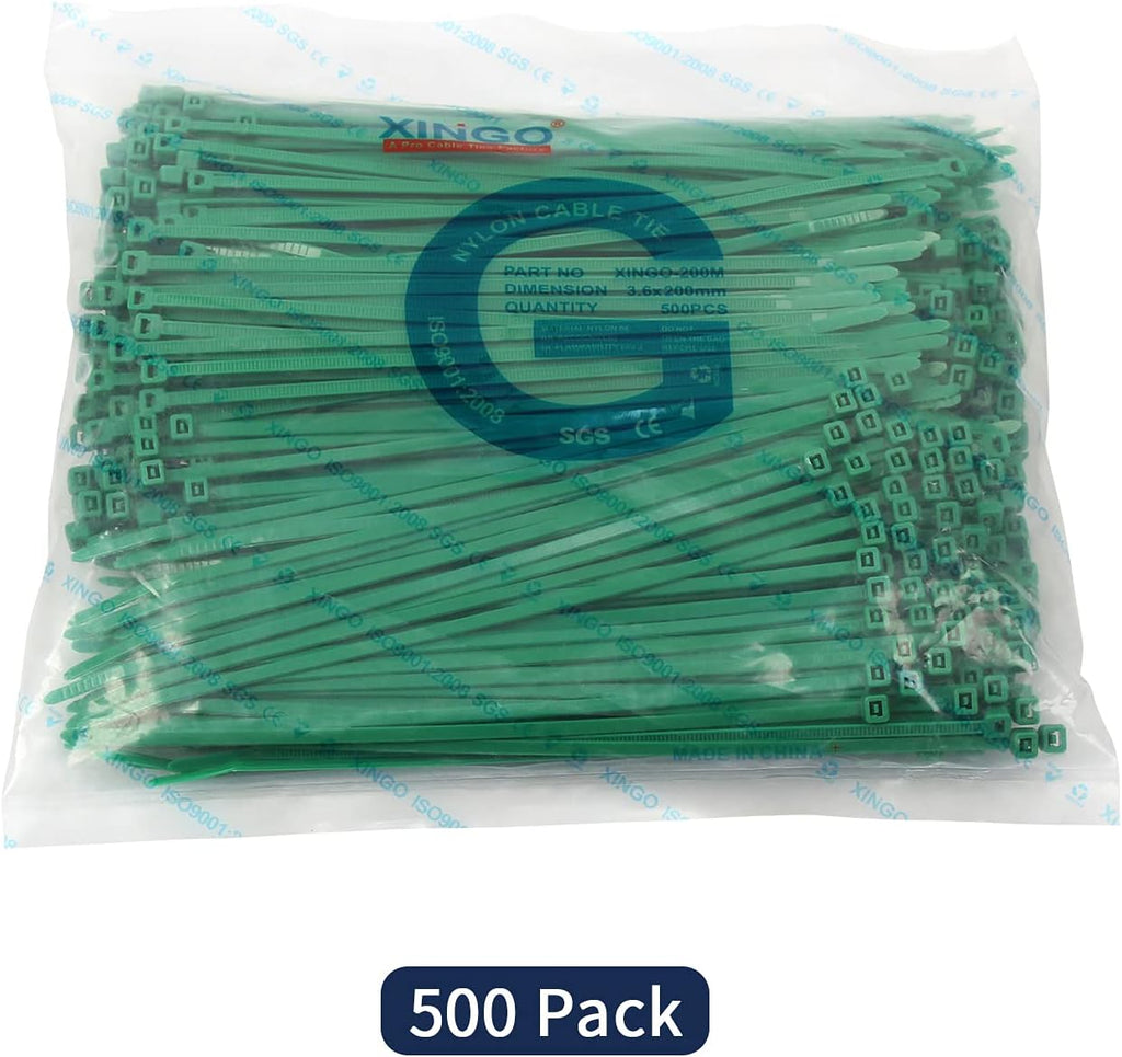 XINGO 8 Inch Green Cable Zip Ties (500 Pack), 40 Lbs Tensile Strength-Heavy Duty, Self-Locking Nylon Plastic Nylon Wire Ties for indoor and outdoor use