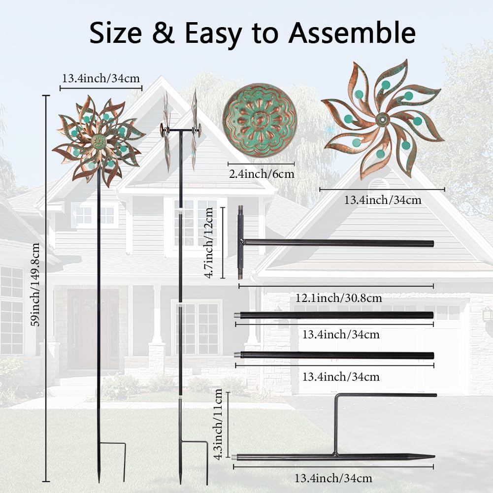 Viveta Metal Wind Spinners Outdoor,Vintage Kinetic Wind Spinner Garden Pinwheels with Metal Stake for Patio,Lawn,Garden,59 * 13.4 Inch