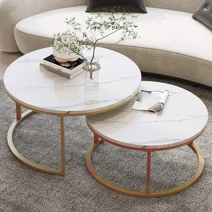 Nesting Tables Set of Round Coffee TableNesting Tables | Set of Round Coffee TableSmall Nesting Coffee Table with Adjustable Non-Slip Fee, White Marble Top Stack Nesting Tables