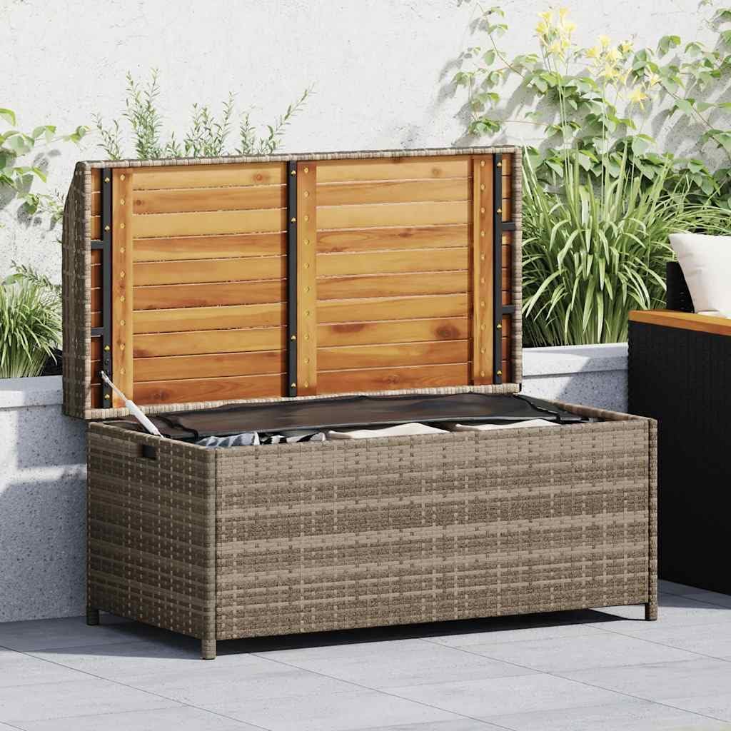 Poly Rattan Storage Bench Gray 39.4x19.7x20.5 Inches, Outdoor Patio Seat with Waterproof Bag, Acacia Wood and PE Rattan Garden Storage Box