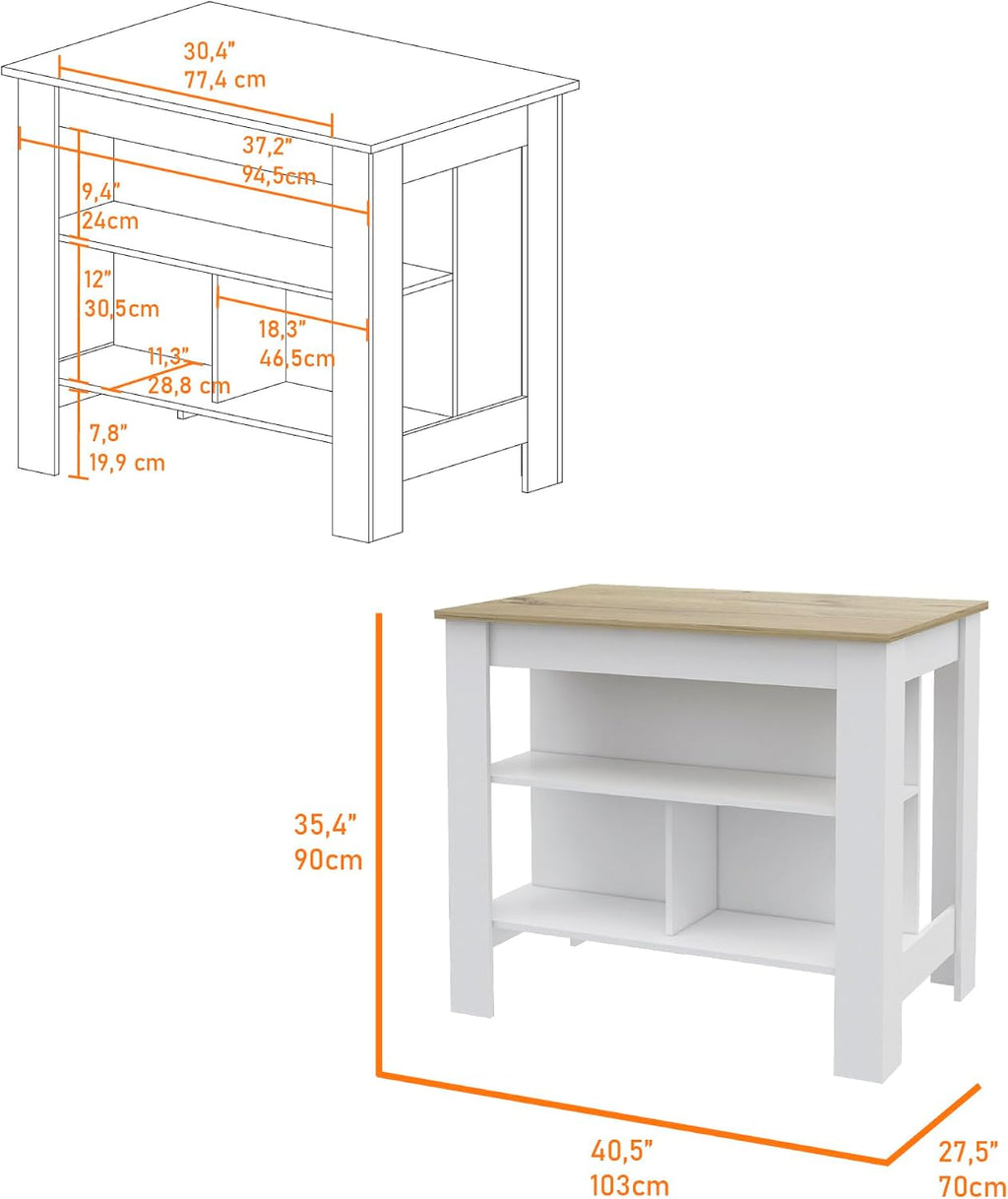 Kitchen Island Dozza with Three Shelves in White and Light Oak | Three storage shelves with dimensions for kitchen organization