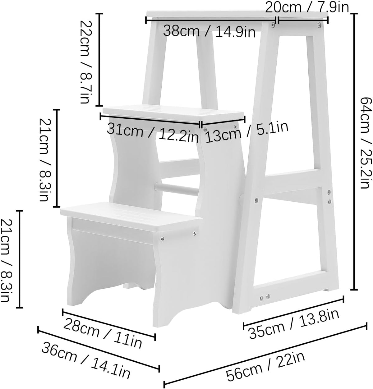 Folding Library Ladder Chair, 3-Step Stool Stepladders Lightweight Portable Multi-Functional Wood Step Ladder for Home,Kitchens, Garages (White)