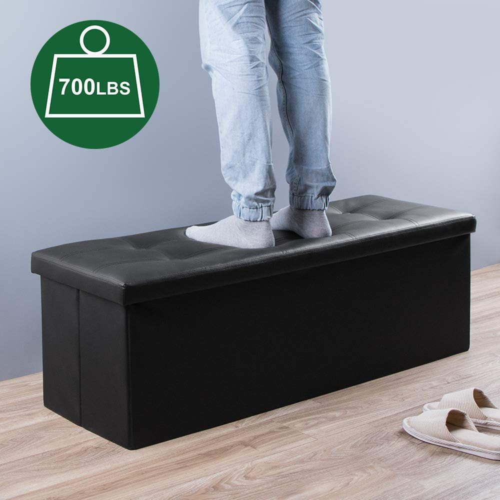 Camabel 43 Inch Folding Storage Ottoman Bench 125L Hold up 700lbs Ottoman with Storage Chest Foam Seat Padded Foot Rest Stool Faux Leather Bedroom Bench with Storage Coffee Table Black