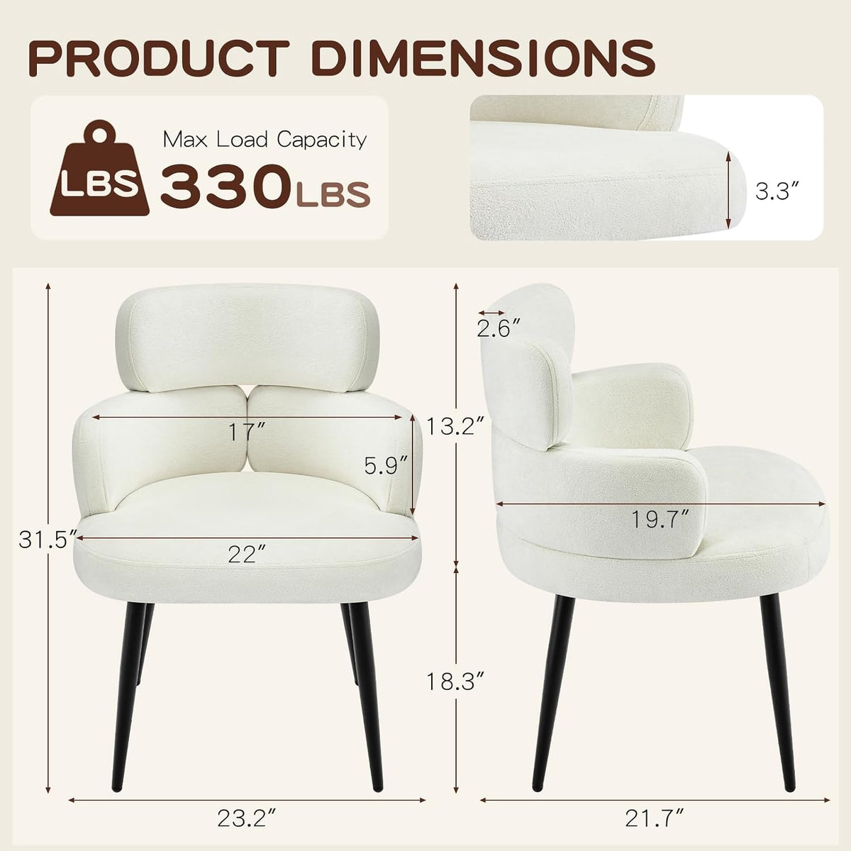 Modern Upholstered Dining Chair, Accent Chair with Soft Fabric, Black Metal Legs, Reading Chair for Living Room, Vanity Chair for Makeup Room, Bedroom, Beige