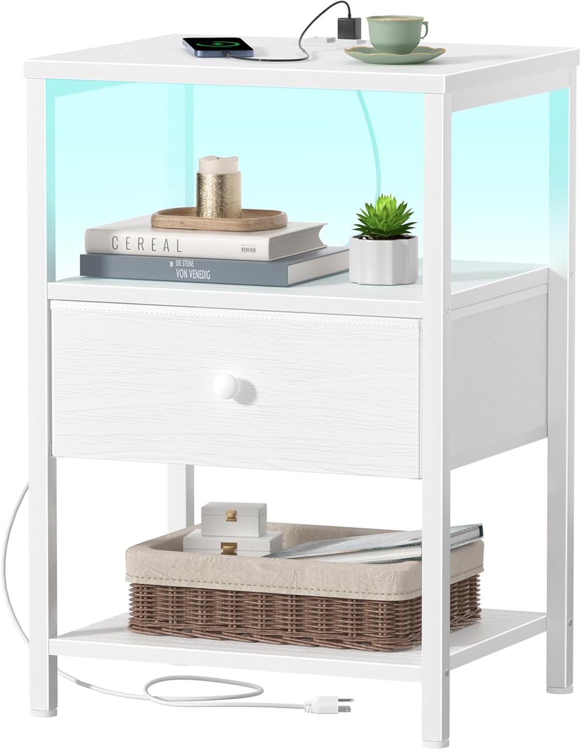 BOLUO White Nightstand with Charging Station, LED Night Stand with Fabric Drawers and Shelf, Bedside Table with USB Ports and Outlets, Bedroom Nightstand Modern