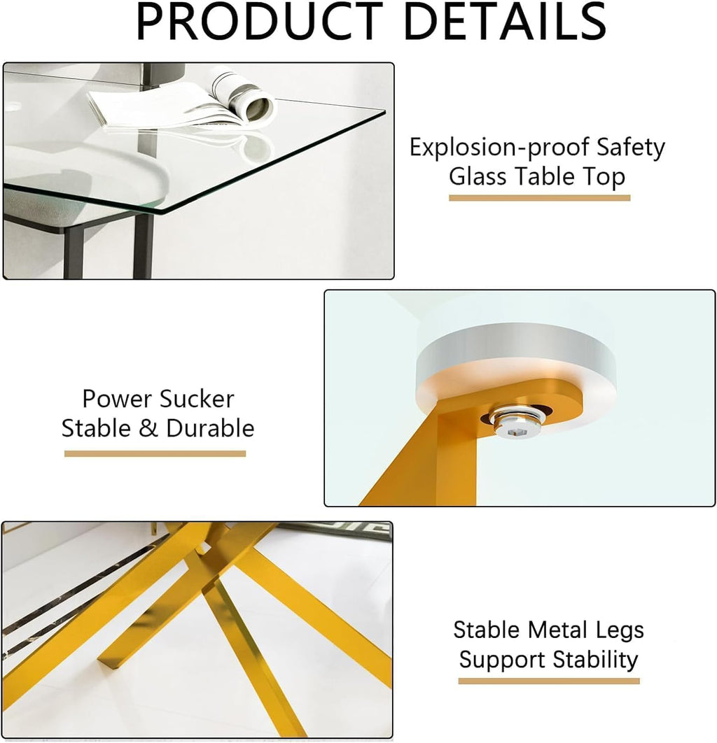 Modern Dining Table for 4 People, 47" Rectangle Dining Room Table with Gold Chrome Metal X-Base, Rectangular Tempered Glass Dining Table, Kitchen Dining Room Tables Luxury Dinner Table
