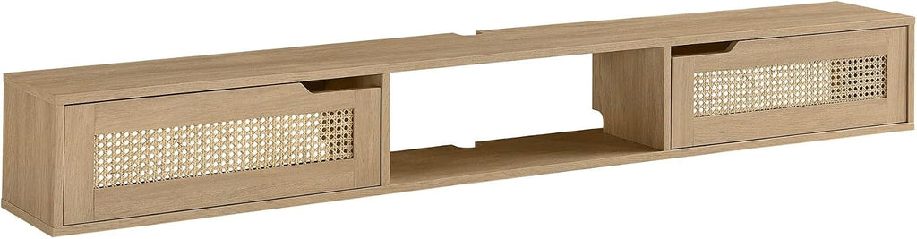Walker Edison Destin Modern Rattan Flip-Down-Door Wall-Mounted Floating TV Stand for TVs up to 80 Inches, 70 Inch, Coastal Oak