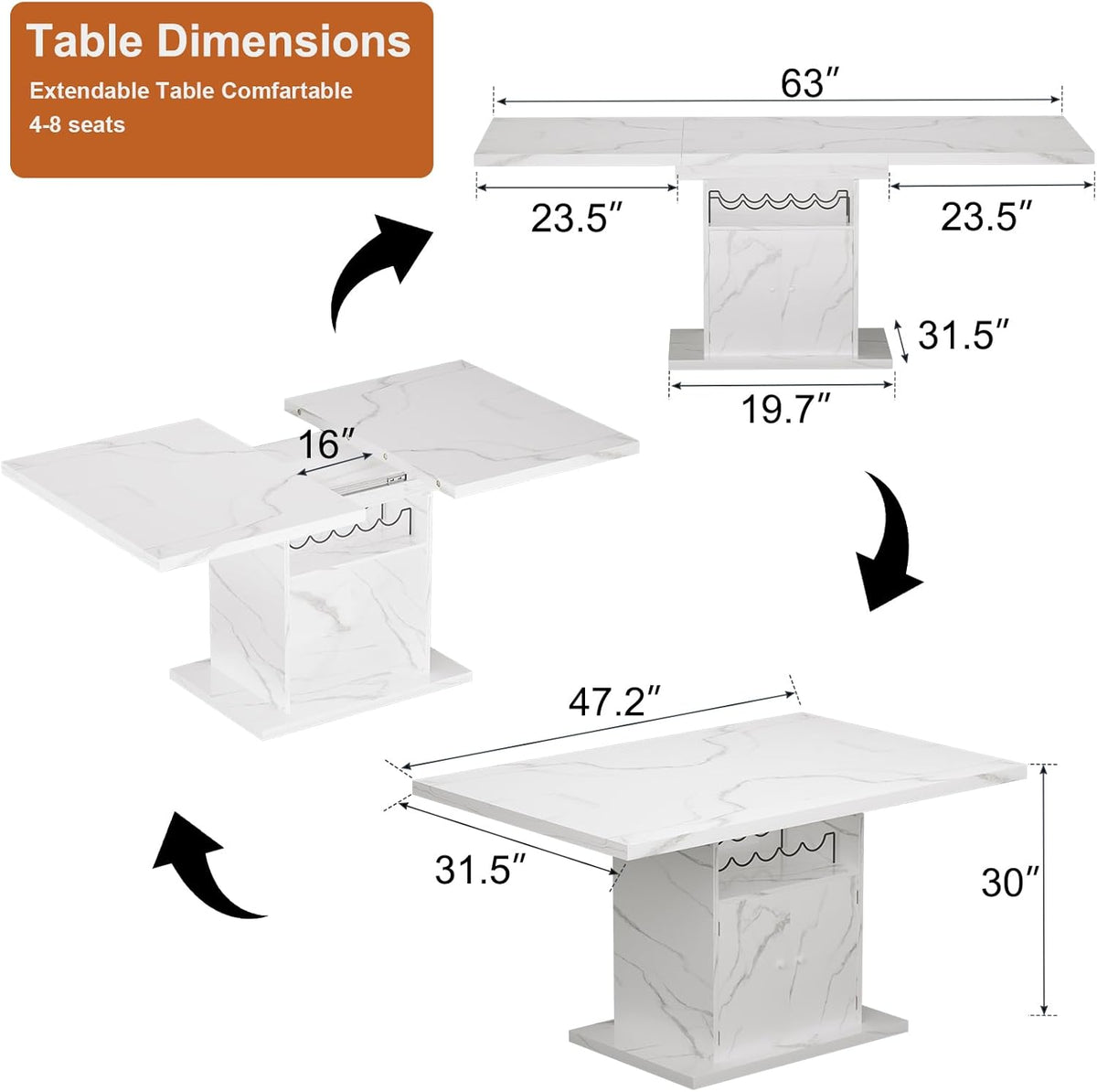 Extendable Dining Room Table for 4-6, 47-63 Inch Faux Marble Extendable Dining Table, Modern Expandable Rectangle Kitchen Dining Table with Storage for Kitchen Living Room