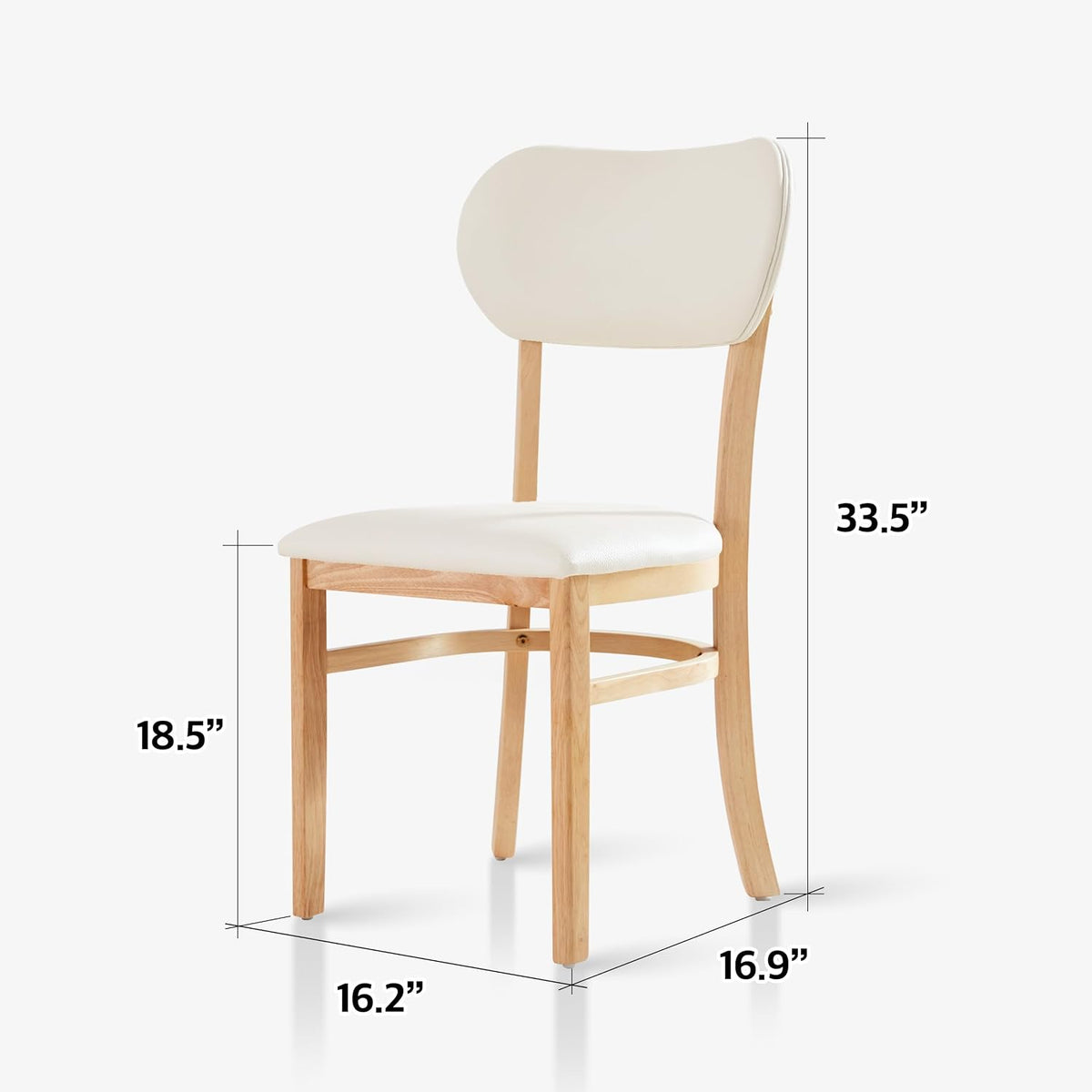 Livinia Tony Dining Chair Set of 2, Solid Malaysian Oak PU Leather Upholstered Cushion Seat, Rounded Back Side Chairs (Natural)