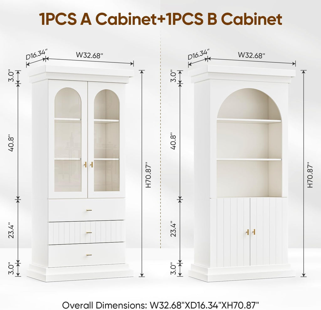 71" Arched Kitchen Modern Pantry Storage Cabinet, Tall Display Cabinet for Dining Room and Living Room with 1 Glass Door and 1 Open Shelf Cabinet with Drawers, White with Gold Handles, 2 of Set
