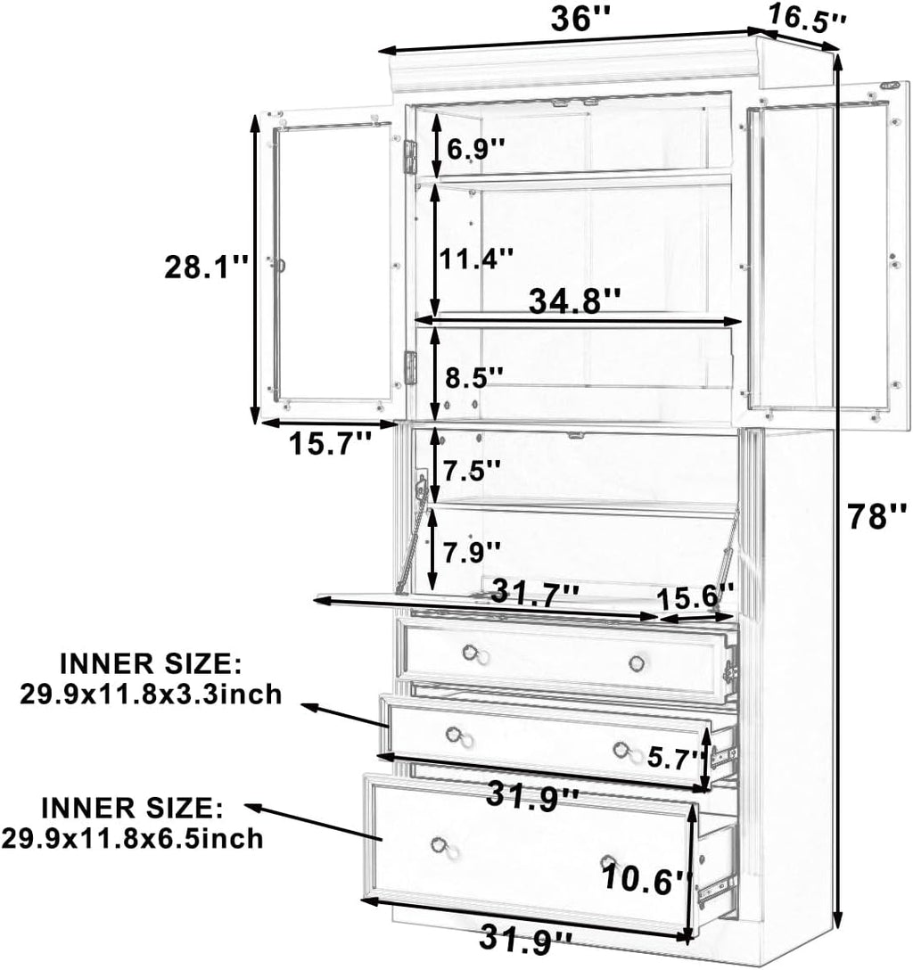 78" Tall Kitchen Pantry Cabinet with 3 Drawers, Large Wooden Kitchen Organizers Storage Cabinet Cupboard with Power Outlet and Adjustable Shelves for Dining Room, Living Room, Grey