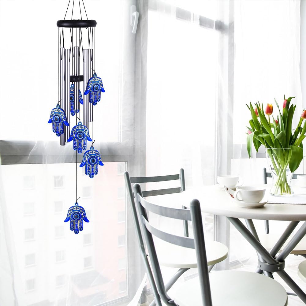 Blue Evil Eye Hamsa Hand Wind Chimes Outdoor Decoration, Hand of Fatima Windcatcher, Evil Eye Wind Bells, Hand of Fatima Blue Evil Eye Amulet Wind Chimes for Home, Gift for Mom, Balcony, Patio, Garden