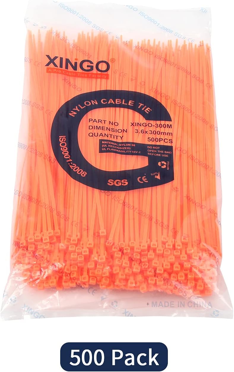 XINGO Nylon Cable Zip Ties Self Locking Plastic Wire Ties with 40 Lbs Tensile Strength for Indoor and Outdoor 12 Inch 500 Pack Orange