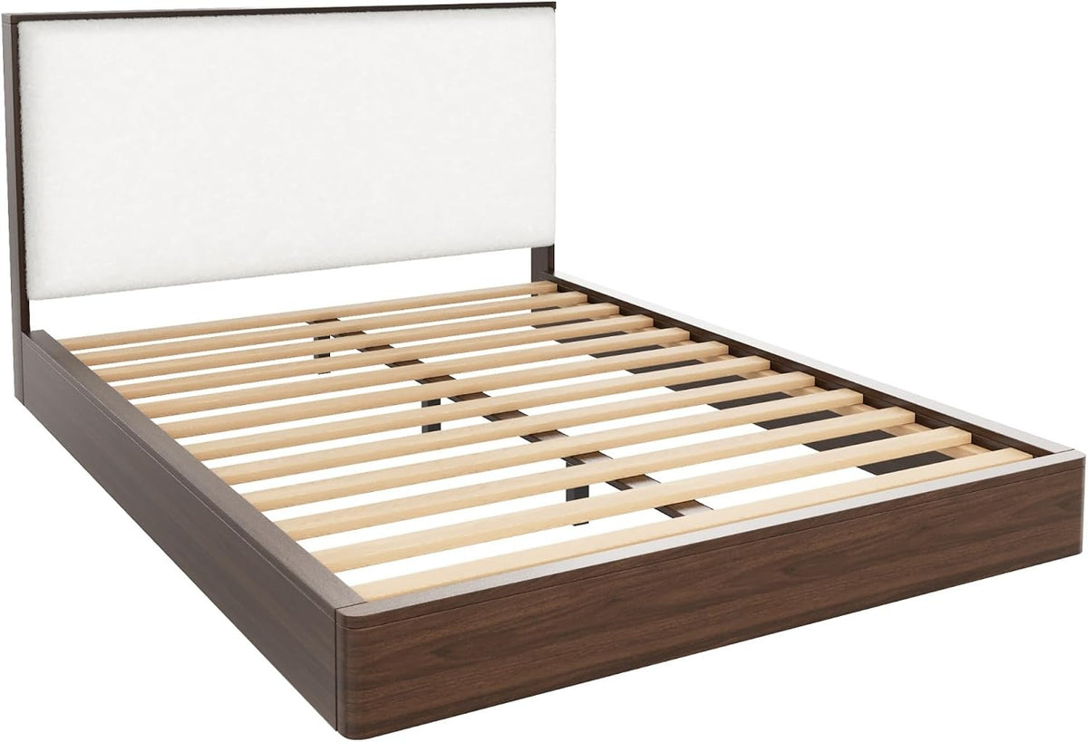 Queen Size Walnut Wood Platform Bed Frame with Soft Cloud Headboard