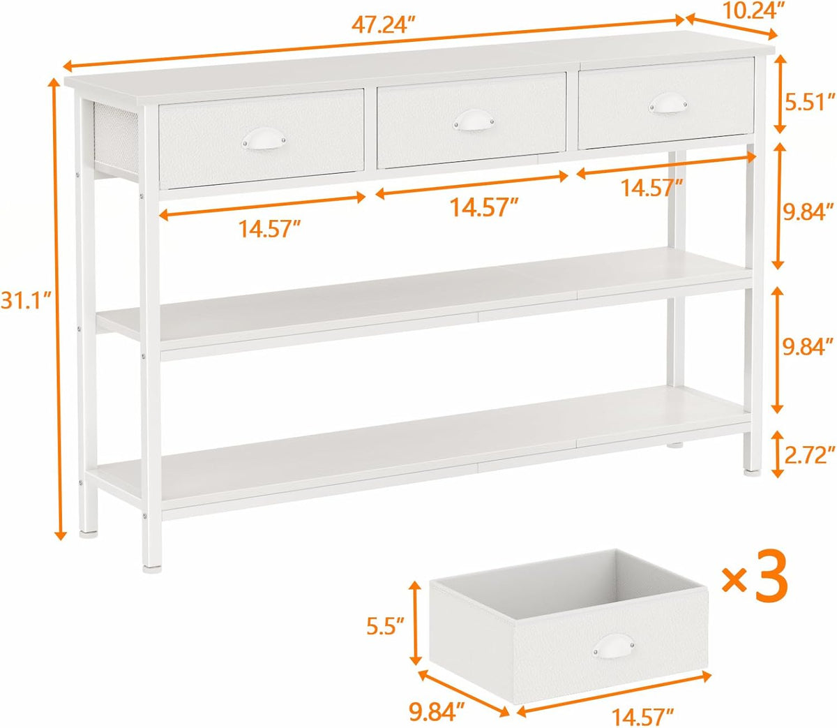 Furologee White Long 47" Console Sofa Table with 3 Drawers, Entryway Table with 3-Tier Storage Shelves, Display Shelf for Entry Way, Hallway, Couch, Living Room, Kitchen, Foyer | Industrial Hallway Table with Open Wooden Shelves for Hallway, Entry Way