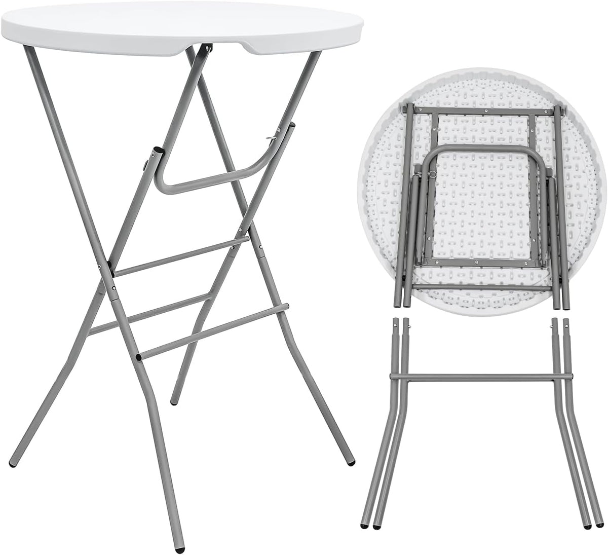 2 PCS - 31.5" L X 31.5" W X 43" H - Cocktail Table White High Top Folding Table, Portable Bar Height Folding Table Round with Detachable Gray Legs