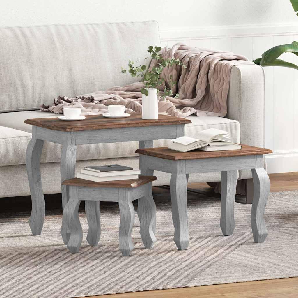Nesting Table Set 3 Pieces Solid Mahogany Wood | Antique Style, Handmade, Vintage Finish, Space Saving, Living Room Accent