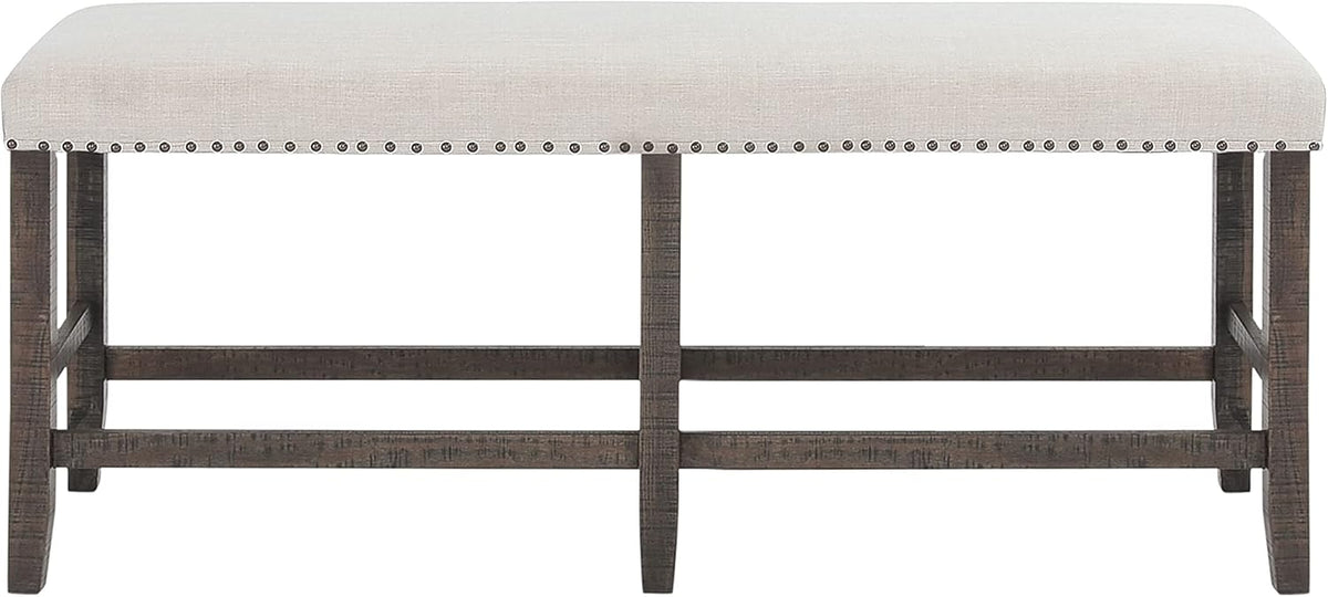 Jofran Willow Creek Distressed Pine Counter Height Dining Bench, Rustic Upholstered Bench for Dining Room Kitchen, Cream Fabric and Brown Wood