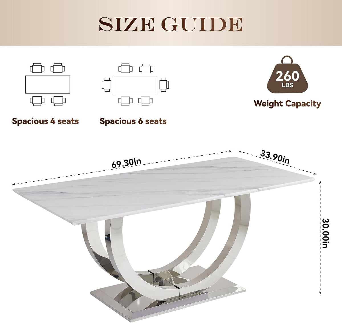 SSLine Modern White Marble Dining Table Set for 4,Luxury 69" Faux Marble Kitchen Table with Velvet Tufted Chairs for 4,5-Piece Dining Room Table Set with Silver Stainless Steel U-Shape Base