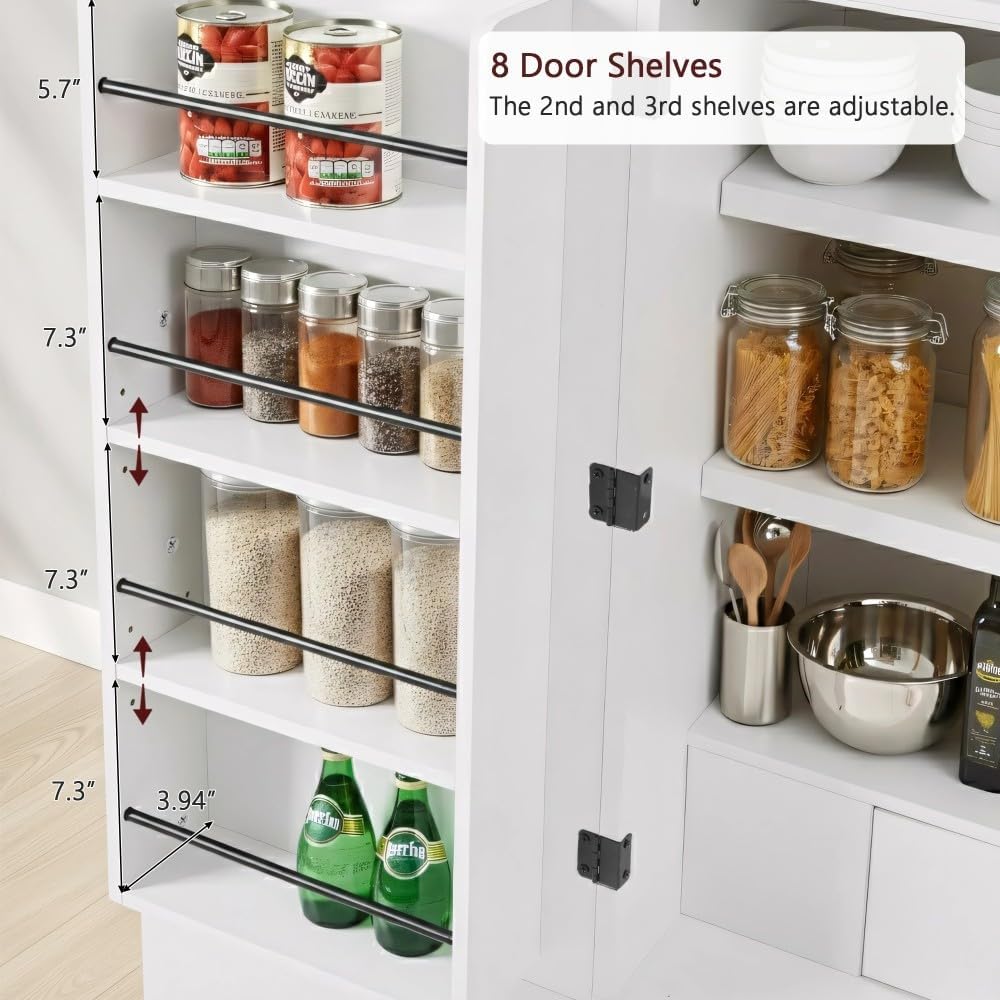 72" Tall Arched Kitchen Pantry Cabinet, Fluted Storage Cabinet with 8 Door Shelves, 3 Adjustable Shelves & Hidden Drawer for Kitchen Dining Bathroom (White)