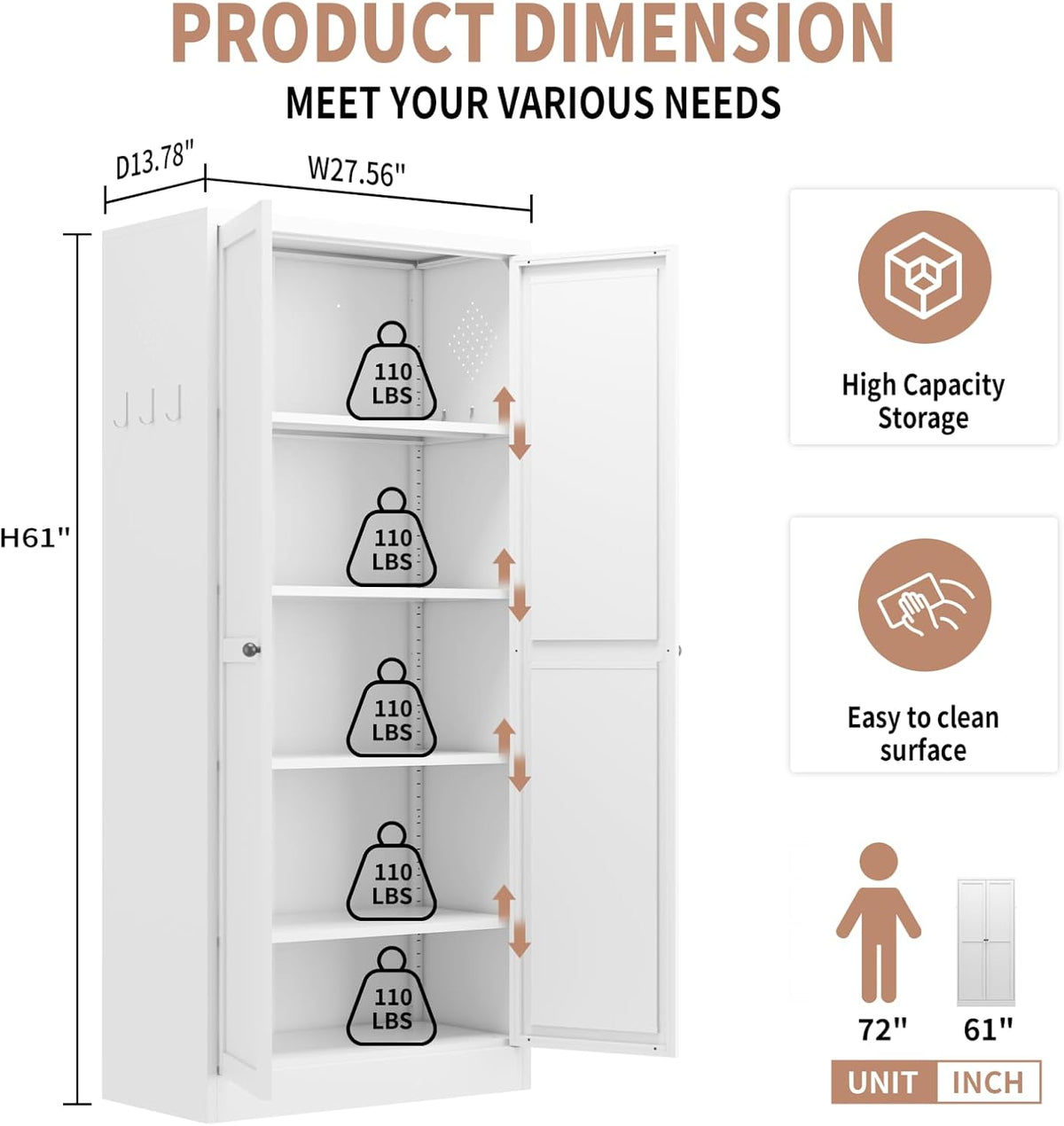 White Metal Kitchen Pantry Cabinet, Adjustable Shelves Storage Cabinet with Silent Magnetic Door, Freestanding Storage Cabinet for Small Kitchen Living Room Pantry, 27.6x13.8x72 Inches