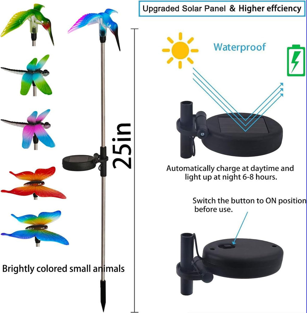 EiGreen 6 Pack Solar Garden Stake Lights Outdoor, Yard Figurine Stake Light, Flower Hummingbird Dragonfly Butterfly for Patio Yard Pathway Decoration (Garden)