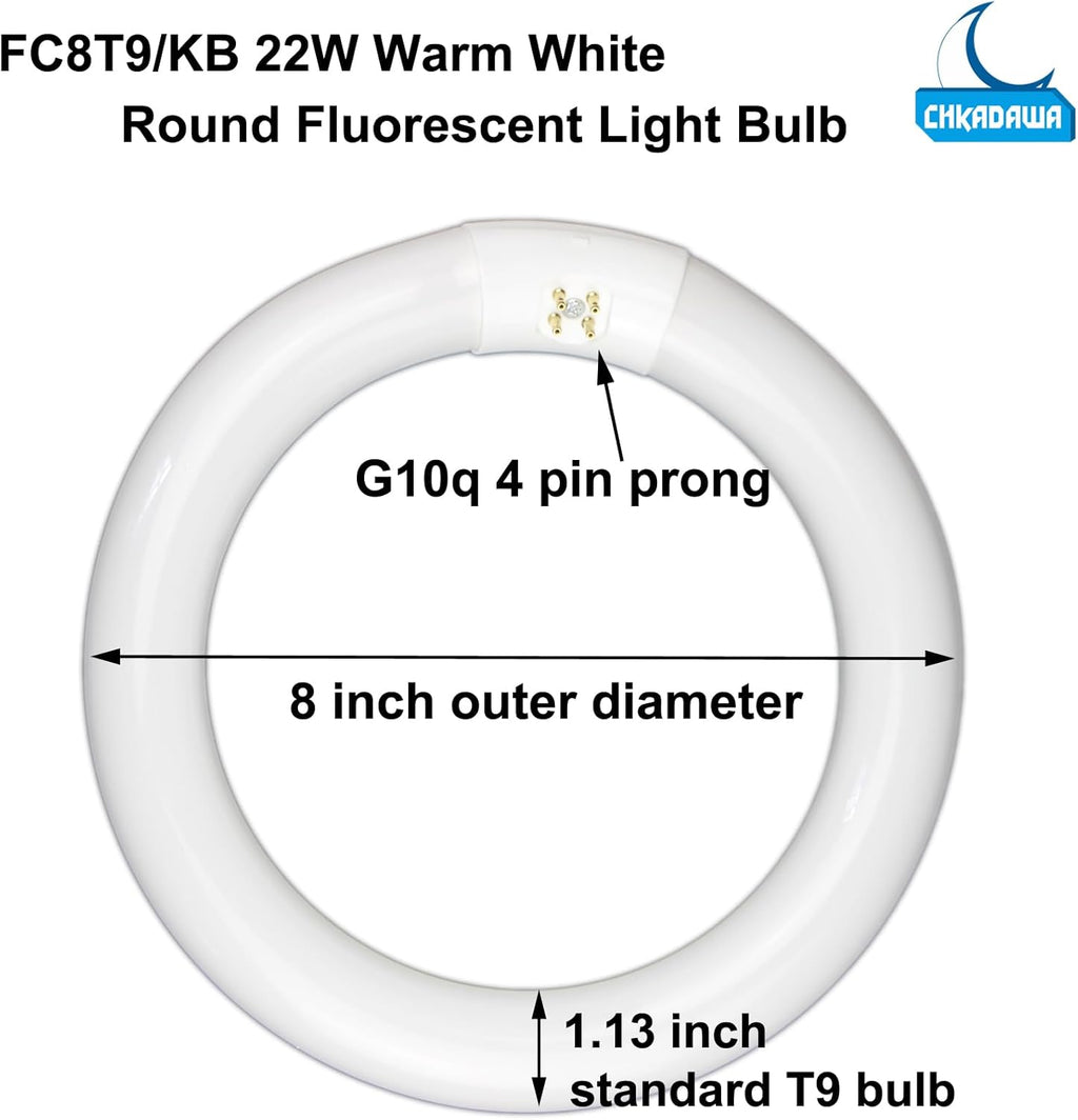 FC8T9/KB 22W and FC12T9/KB 32W Warm White Set, Round Fluorescent 8 inch T9 22 Watts & Circular Light Bulbs 12 inch 32 Watts Pack, Circline Kitchen and Bath Ceiling Fan Bulb, 3000K, G10q Prong