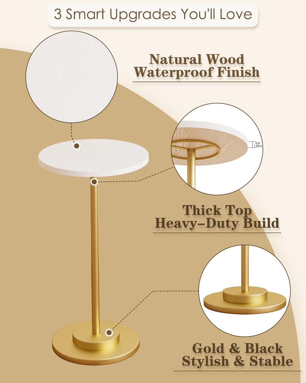 Masupu Drink Table, Round Side Table for Small Spaces, Pedestal Side Table, Small End Table with Metal Base, for Living Room, Bedroom, Bathroom, White Gold