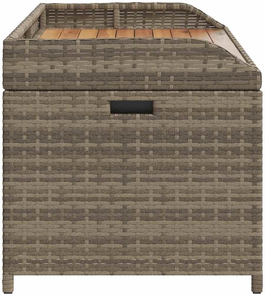 Poly Rattan Storage Bench with Gas Spring Lid, Grey Brown Acacia Wood Seat, Water-Resistant Outdoor Patio Organizer for Cushions and Tools