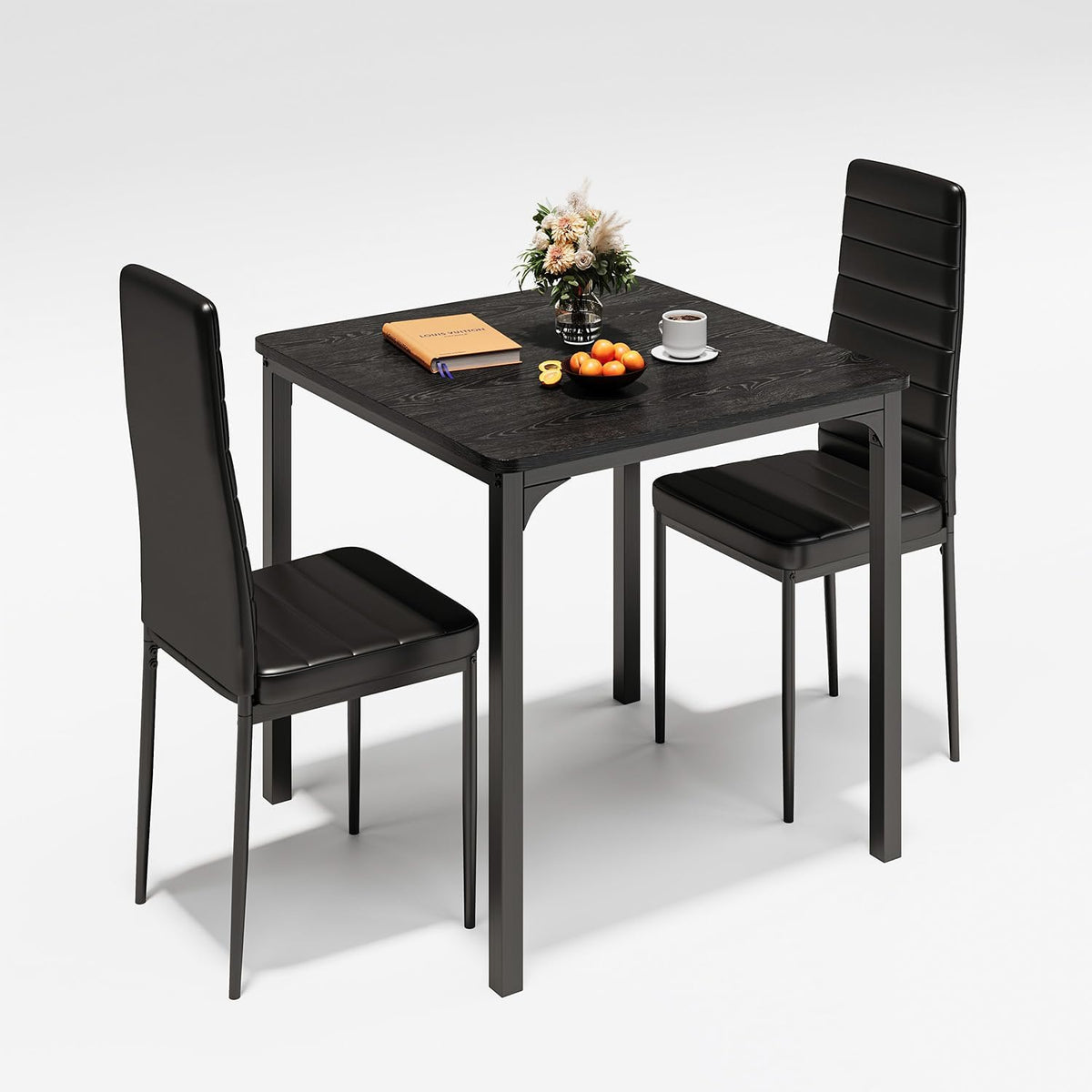 Gizoon Kitchen Table for 2, Table and Chairs Set of 2, 3 Piece Dinner Table Set with 2 Upholstered PU Leather Chairs for Dining Room, Living Room, Apartment, Small Space, Black