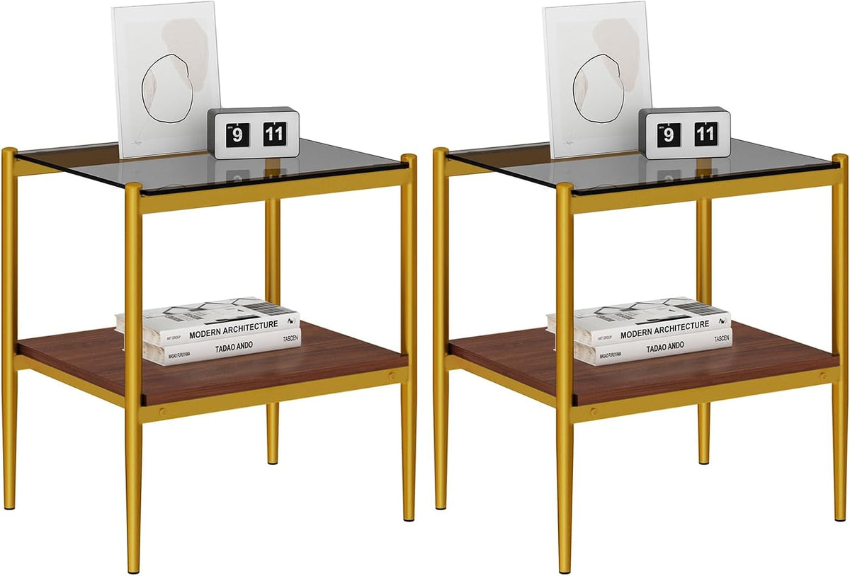 ODUSE-DAILY Coffee Table and End Table 3 Piece Living Room Set, Gold Metal Frame Glass Top End Tables, Square Top Shelf, Sofa or Couch Side Tables, Mesa de Centro para Sala (3 Pcs)