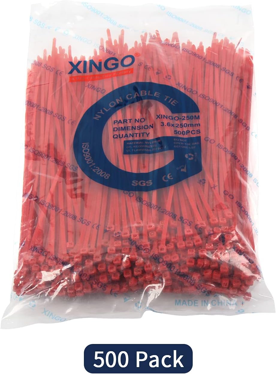 XINGO 10 Inch Cable Zip Ties (500 Pack), 40 Lbs Tensile Strength-Heavy Duty, Self-Locking Nylon Plastic Nylon Wire Ties for indoor and outdoor use(Red)