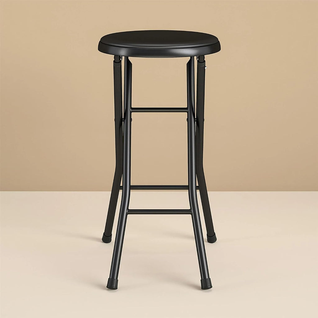 Folding Metal Stool, Black - Heavy-Duty, Compact & Portable, Stackable for Home, Garage & Workshop Use