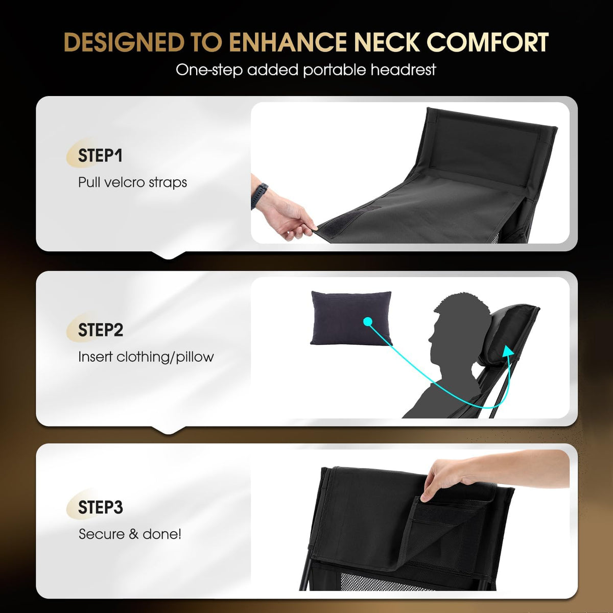 MOON LENCE Oversized High Back Camping Chair for Adults, Height Adjustable Folding Camp Chair | 400 lbs Capacity & 5.4 lbs Weight, Hidden Pillow Pocket Wide Seat for Camping Fishing Overlanding, Black