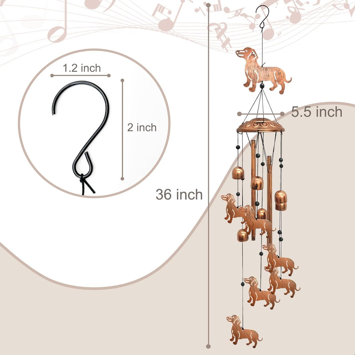 Dachshund Wind Chimes for Outside, Metal Windchimes Outdoors Birthday Gifts for Women Memorial Sympathy Wind Chimes for Patio Garden Yard