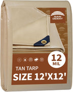 RAINDEWAY 12x12 Feet Heavy Duty Tarp,12 Mil Tan Waterproof Poly Tarp Cover,UV Resistant,Weatherproof,Durable,Multipurpose Tarps with Grommets and Reinforced Edges