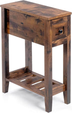 Chairside Table with Charger,Cherry End Table with Movable Top and Charging Station, Narrow Side Table with Storage Cabinet and USB, Sofa Table for Living Room Bedroom