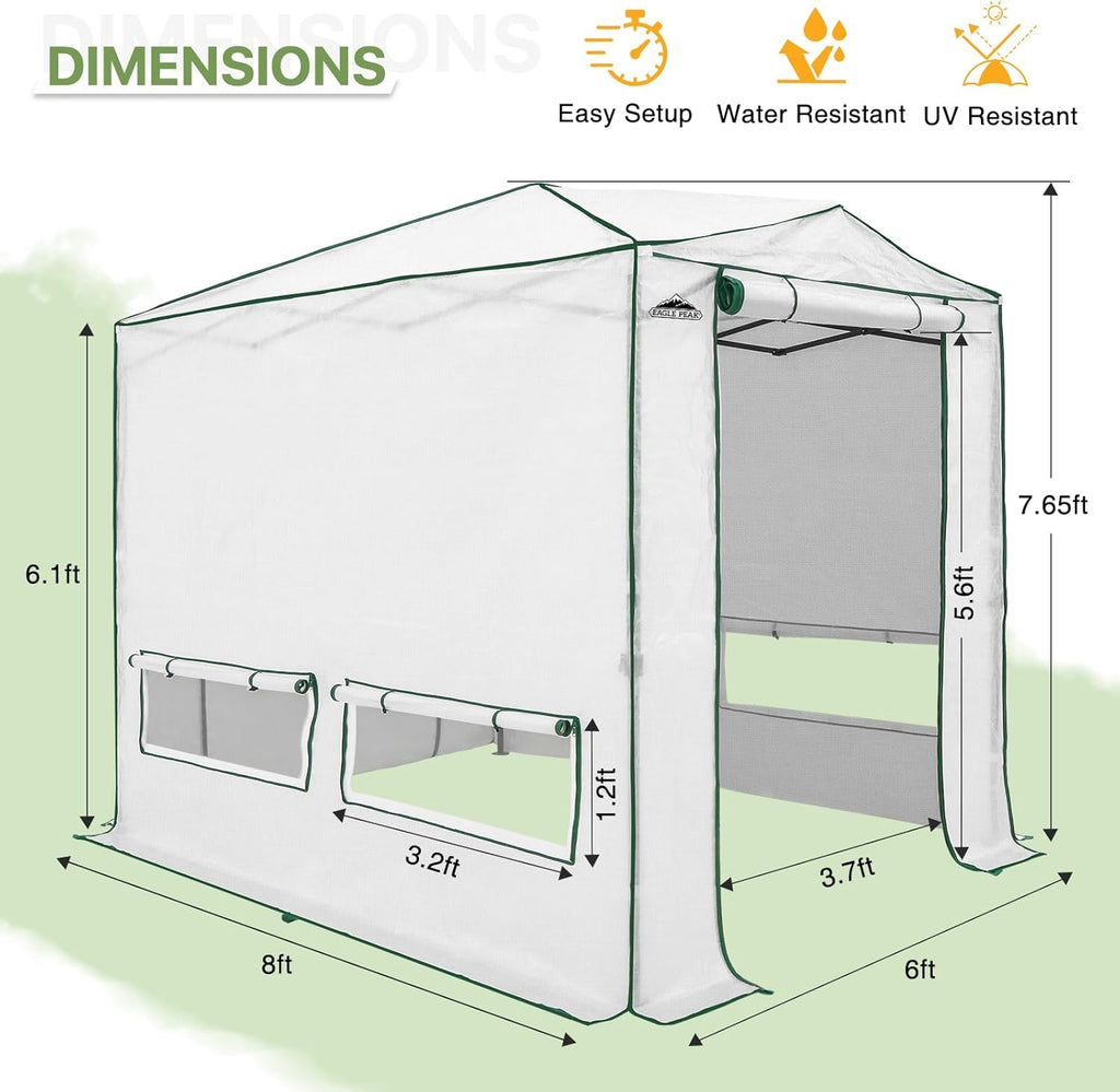 EAGLE PEAK Instant Pop-up Greenhouse, Indoor Outdoor Plant Gardening Green House, Roll-Up Zipper Doors and Side Windows, Heavy Duty Walk in 8x6 ft, Woven PE Top, White