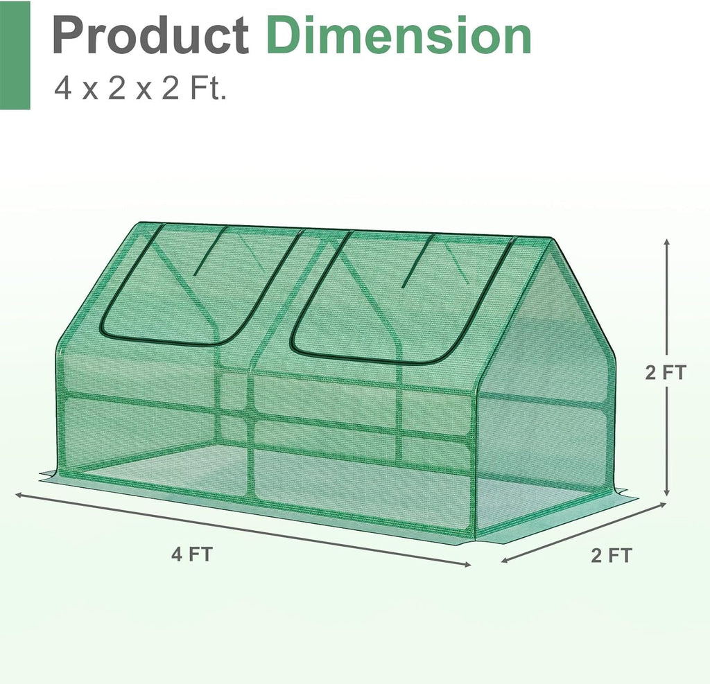 Aoodor 4 x 2 x 2 ft Mini Greenhouse with 2 Zipper Doors, Water Resistant, UV Protected for Flowers, Vegetables and Herbs, Green