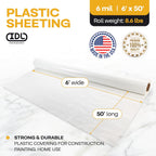 Plastic Sheeting 6 mil, 6' x 50' (300 sq. ft.) - Thick Semi-Clear Plastic Sheeting for Construction, Painting - Heavy Duty LDPE Film Roll - Vapor Barrier Semi-Clear Roll of Plastic by IDL Packaging