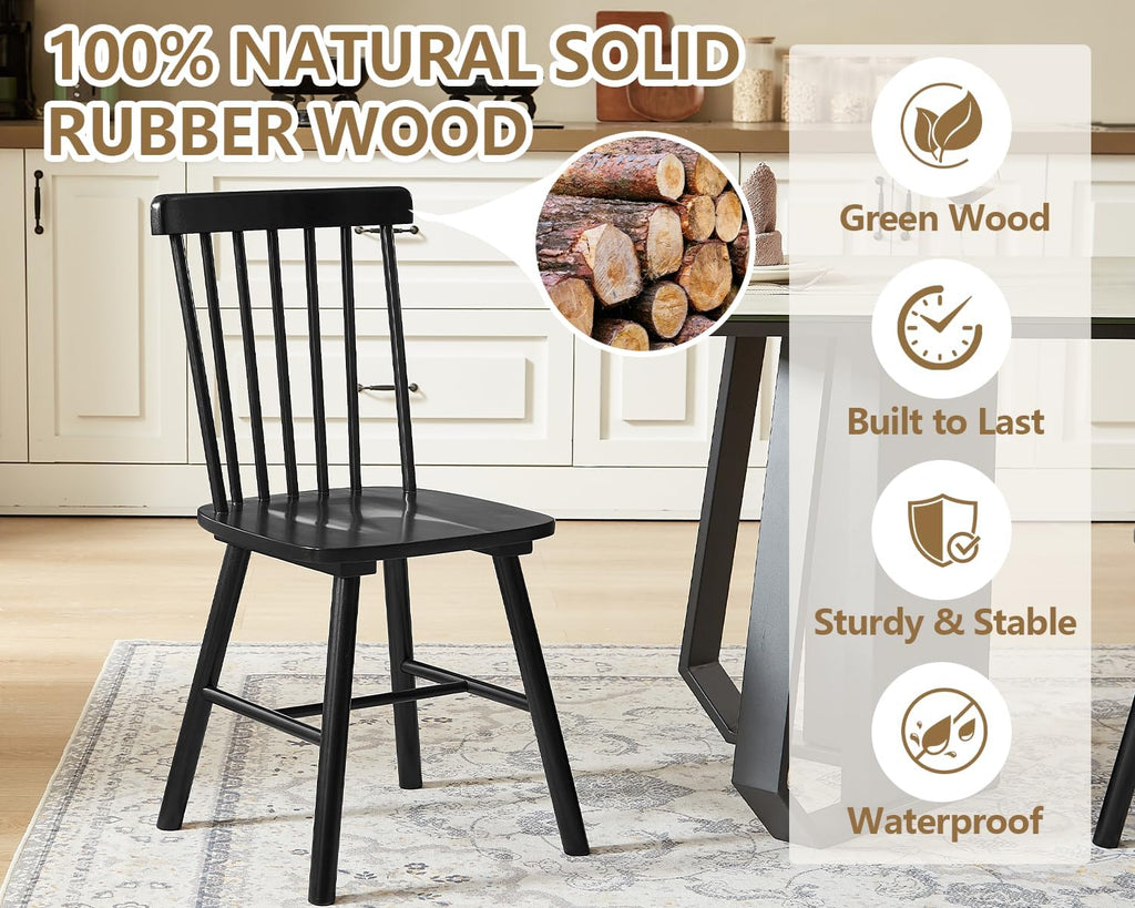 PrimeZone Windsor Dining Chairs Set of 4 with Spindle Back, Black | Solid Rubber Wood Farmhouse Kitchen Chair, Mid-Century Modern Side Dining Chair for Dining Room, Kitchen & Restaurant