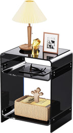 Acrylic End Table Record Player Table with Storage Shelf Clear Side Table Nightstand (Black)