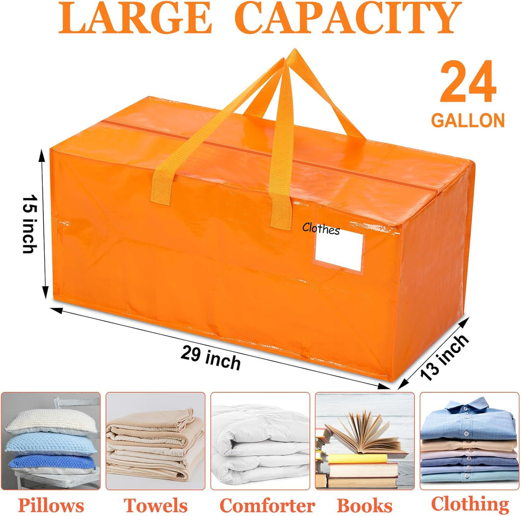4 Pcs 24 Gallon Large Moving Bags with Zipper and Handles Foldable Storage Duffle Bags Heavy Duty Extra Large Totes for College Dorm Travel Clothes Blankets Bedding Moving (Jelly Orange)