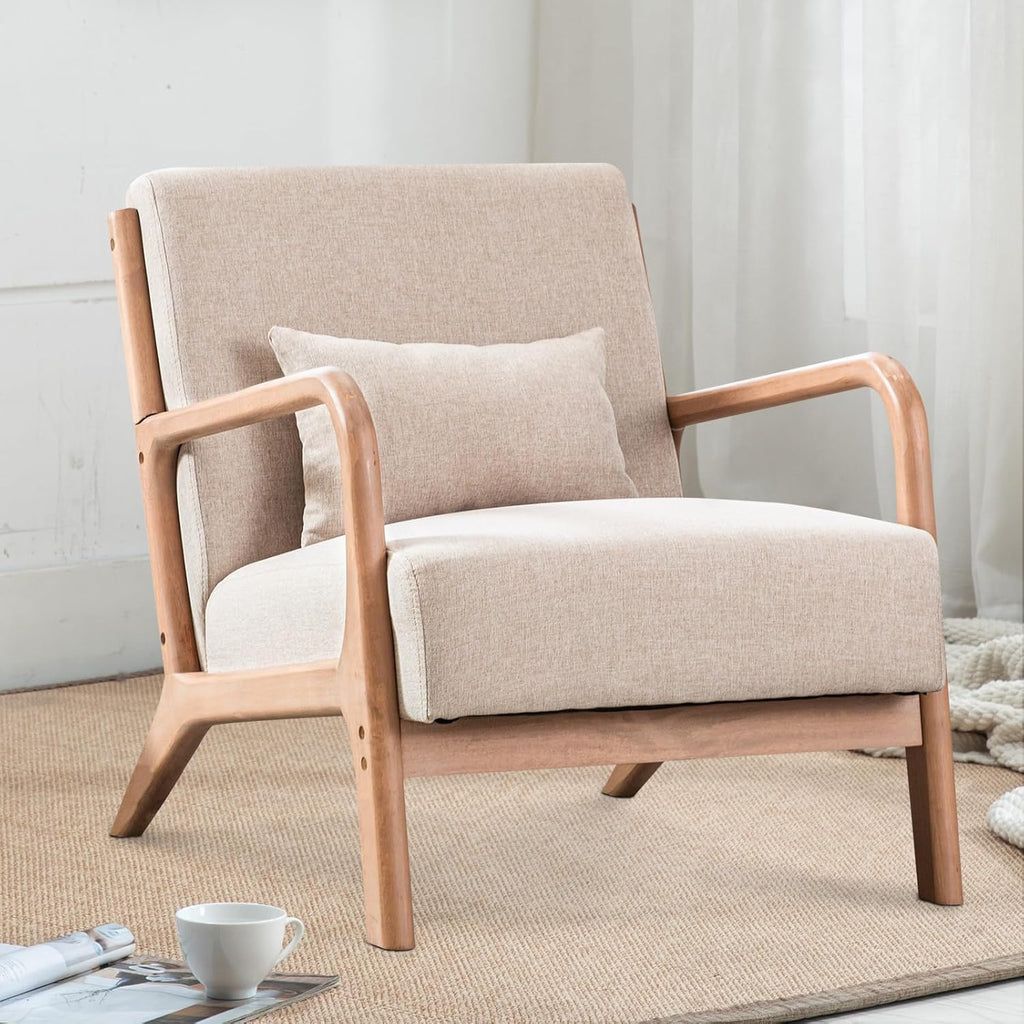 INZOY Mid Century Modern Accent Chair with Wood Frame, Upholstered Living Room Chairs with Waist Cushion, Reading Armchair for Bedroom Sunroom (Beige)