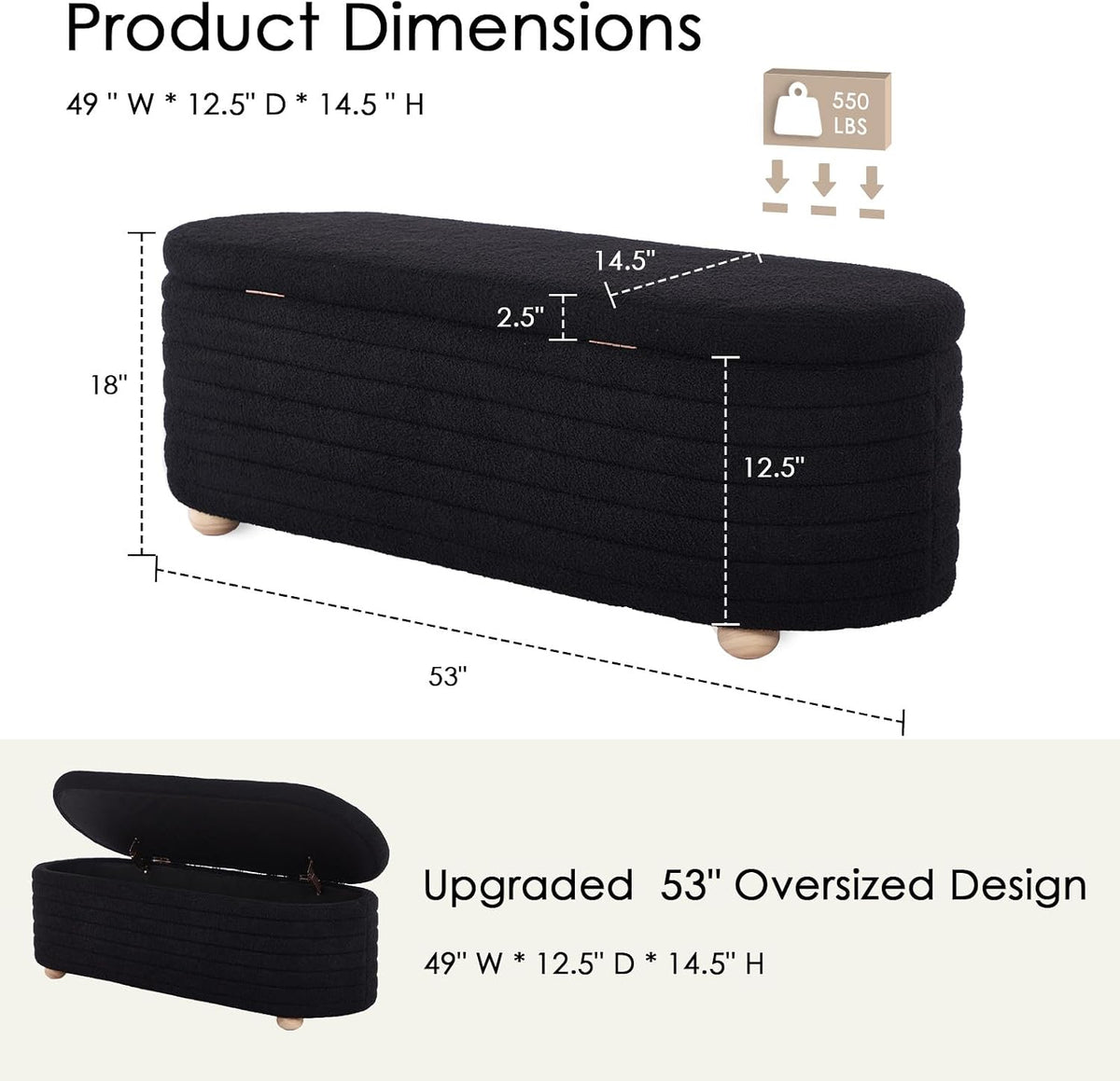 53" Storage Bench Teddy Ottoman Bench Upholstered Fabric Bench End of Bed Stool with Safety Hinge for Bedroom, Living Room, Entryway, Black