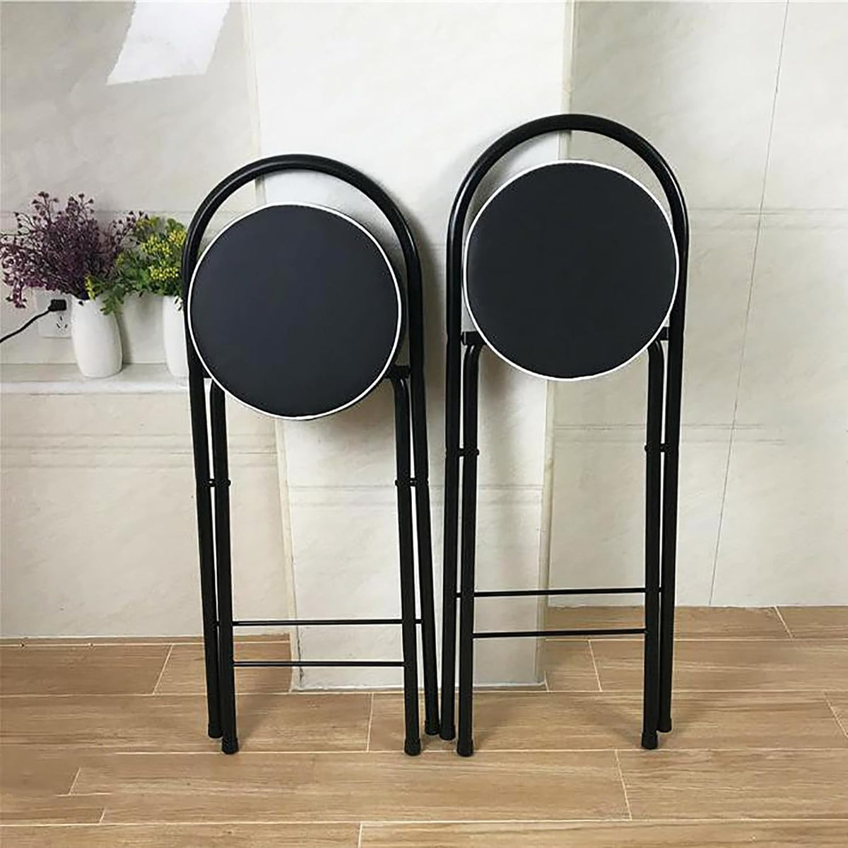 QQXX Folding Bar Stool with Footrest,Leather Padded Folding Kitchen Stool,Portable Counter Height Foldable Stool Tall Bar Stools for Outdoor Kitchen Shop Cafe(2 Pc, White Seat Height 27.5")